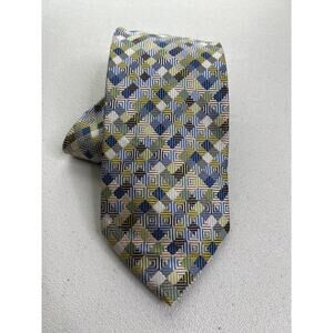Valerio Garati Blue, Green, Brown Geometric Pattern 100% Silk Handmade Tie NWOT